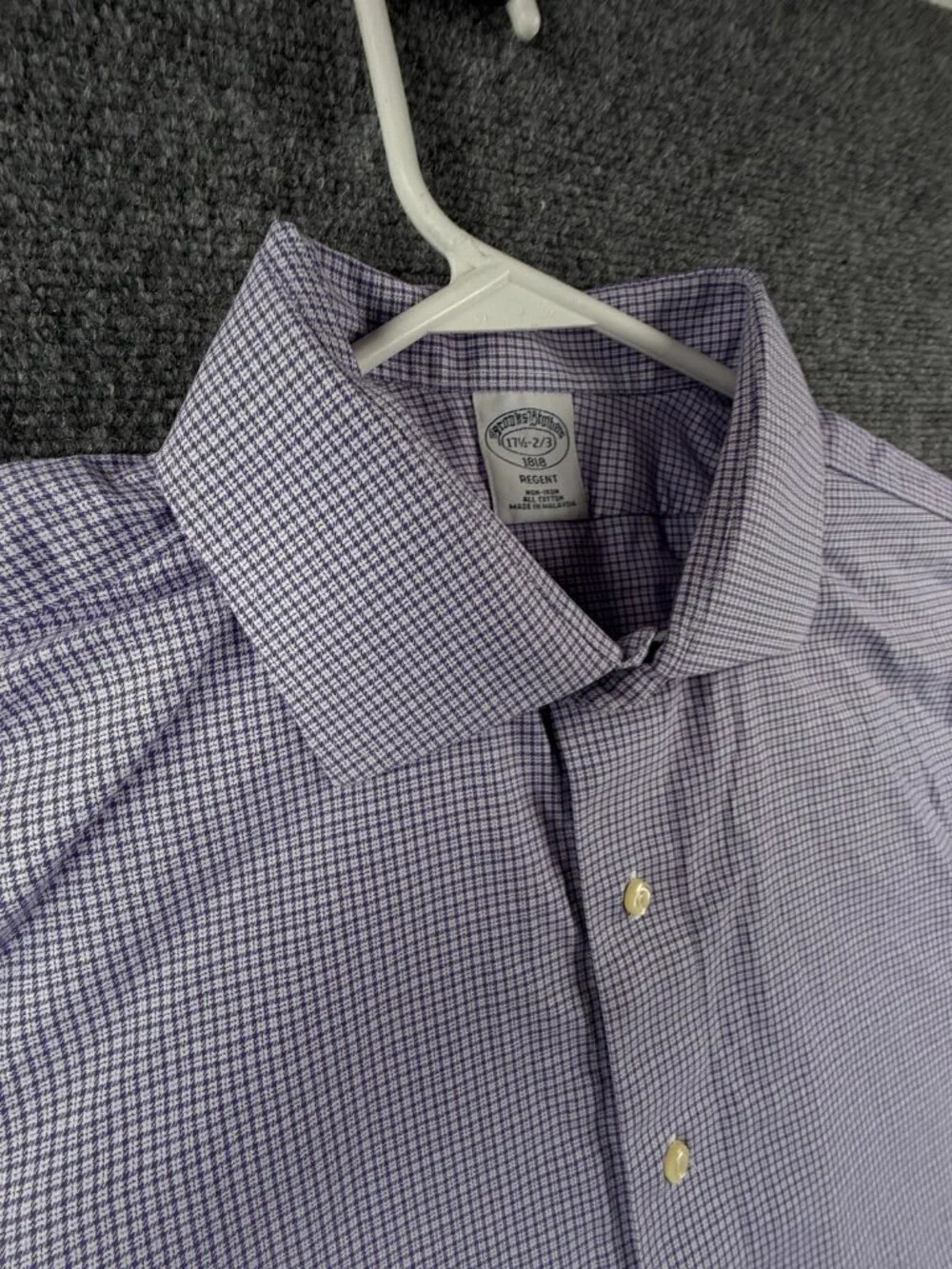 Brooks Brothers Non Iron Button Up Shirt Men Purple Check 17.5 32/33 Regent